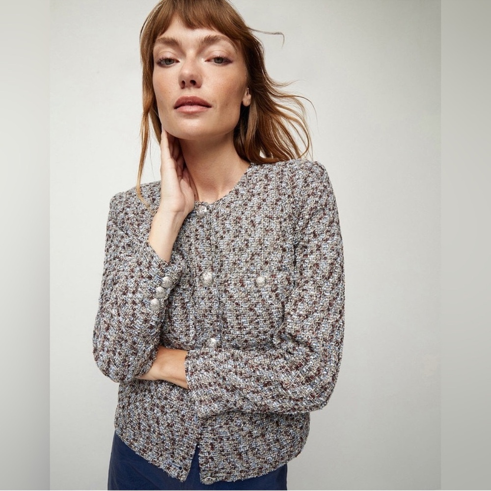 Veronica Beard Heathered Grey Tweed Pearl-Button Blazer
